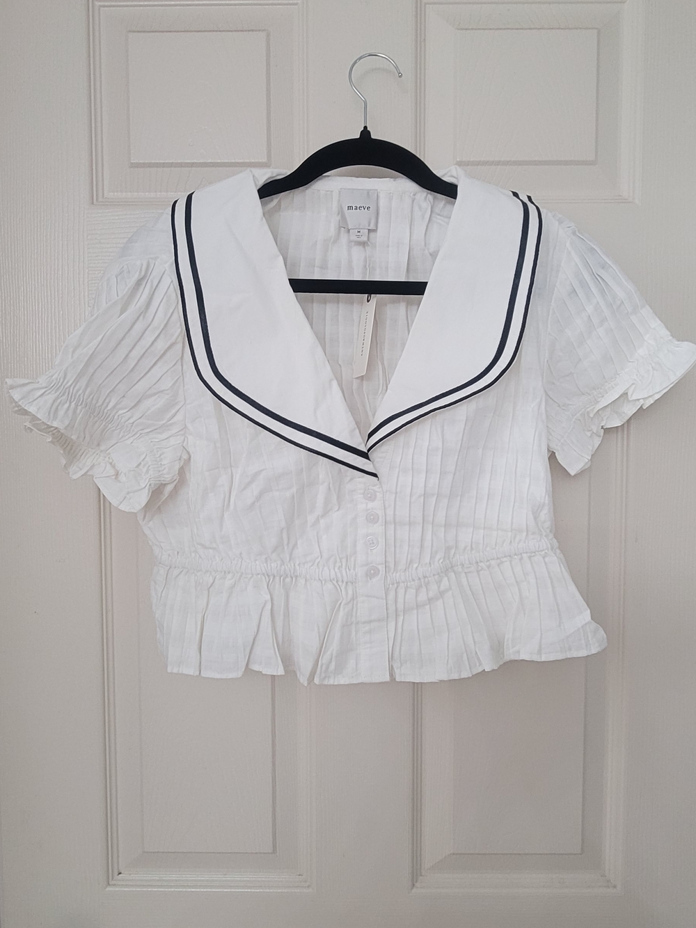 Maeve White Sailor-Collar Pleated Crop Top